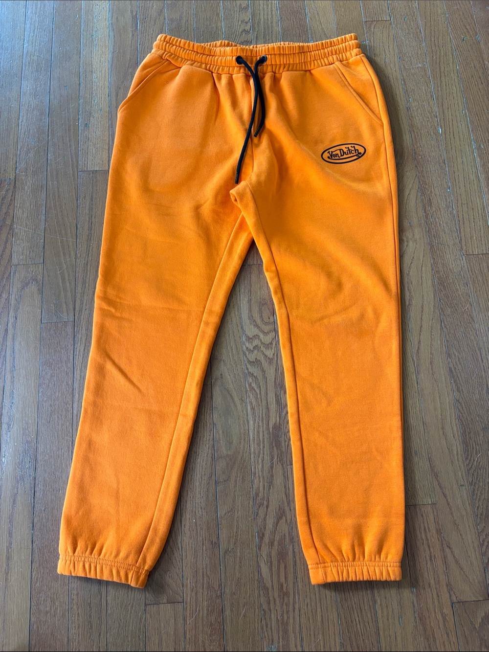 Von Dutch Men’s Bright Orange Joggers with Black Drawstring. Size Large